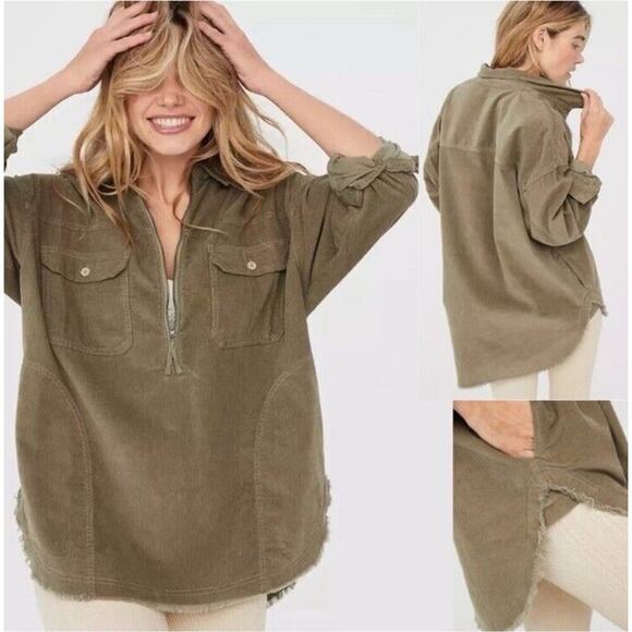 Offline by Aerie Green Corduroy 1/4‎ Zip Oversized Pullover Shacket Size Large - Picture 1 of 10